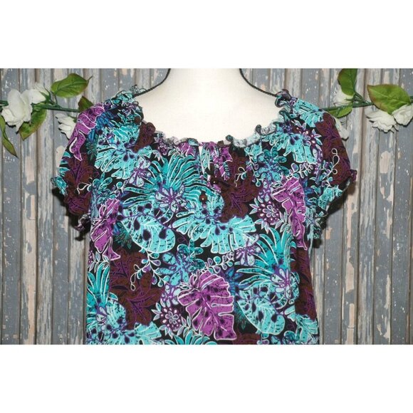 Lori Michaels Colorful Palm Print Top Blouse Size S Crop Short Sleeve Elastic Wa - Picture 2 of 10